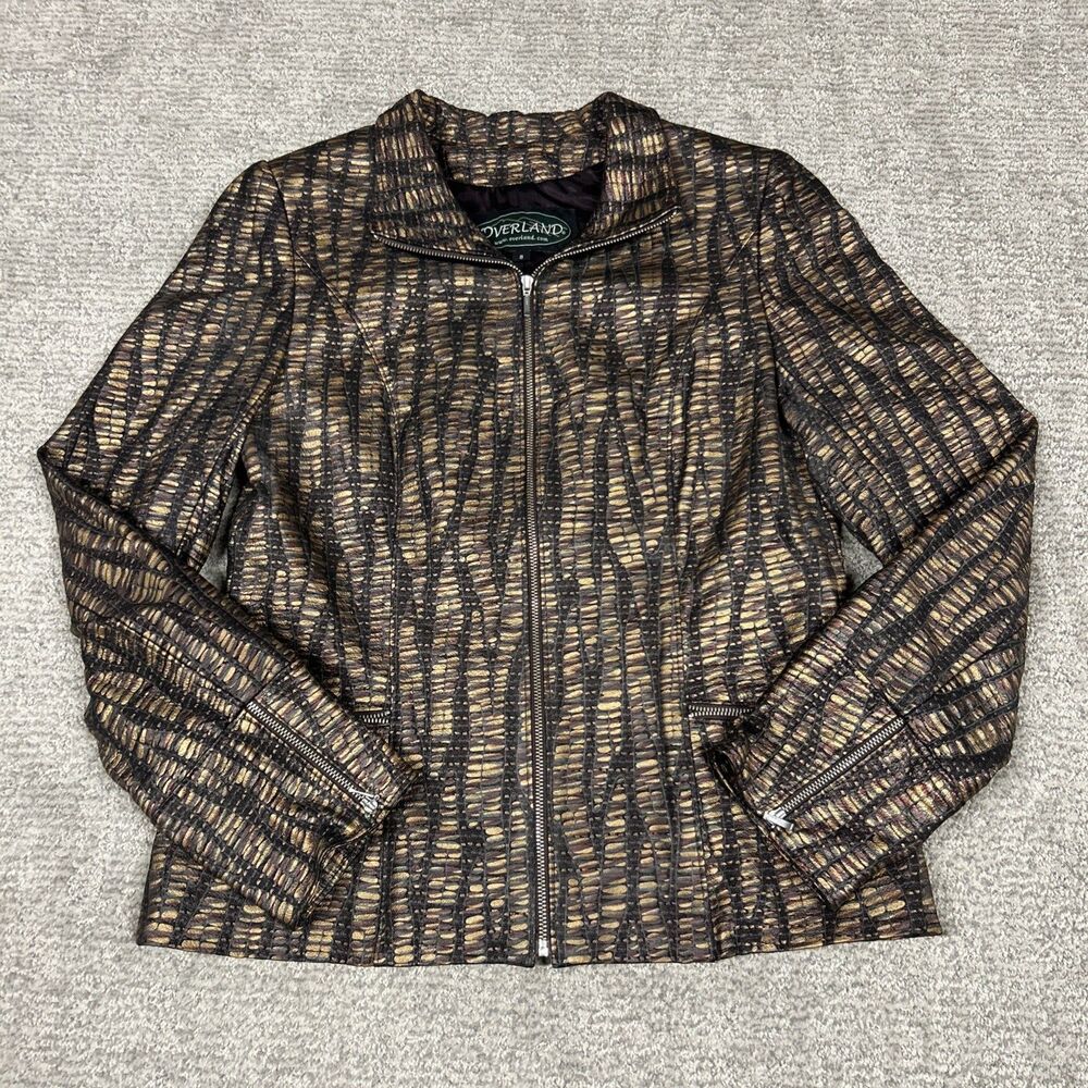 Overland Leather Jacket Womens 8 Textured Metallic Vintage Retro Zippered Cuffs